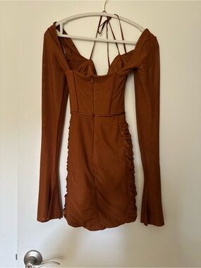 Oh Polly Rust Brown Ruched Long Sleeve Mini Dress